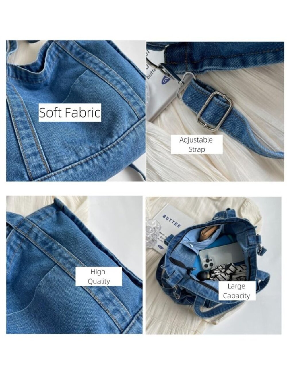 Denim Tote Bag for Women Large Capacity Shoulder Bag Stylish Crossbody Bag Cute